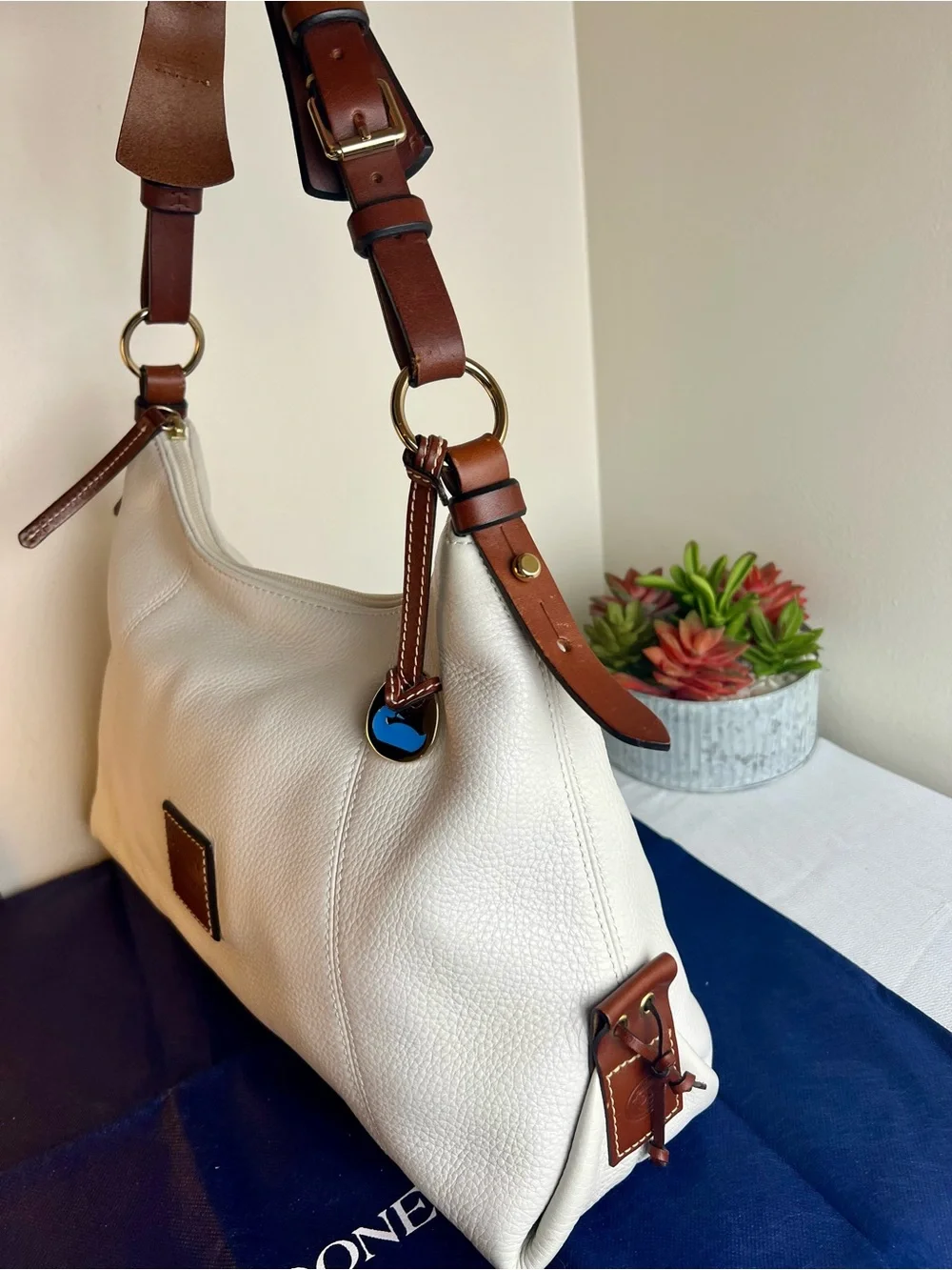 WEEKEND SALE!Dooney & Bourke White Leather Shoulder Bag with Brown Trim